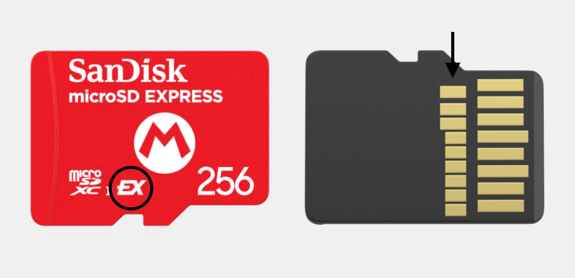 Nintendo-branded microSD Express с крупным планом контактной группы карты.