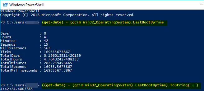 Окно PowerShell с командой проверки uptime