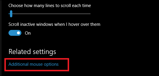 Кнопка «Дополнительные параметры мыши» внизу экрана