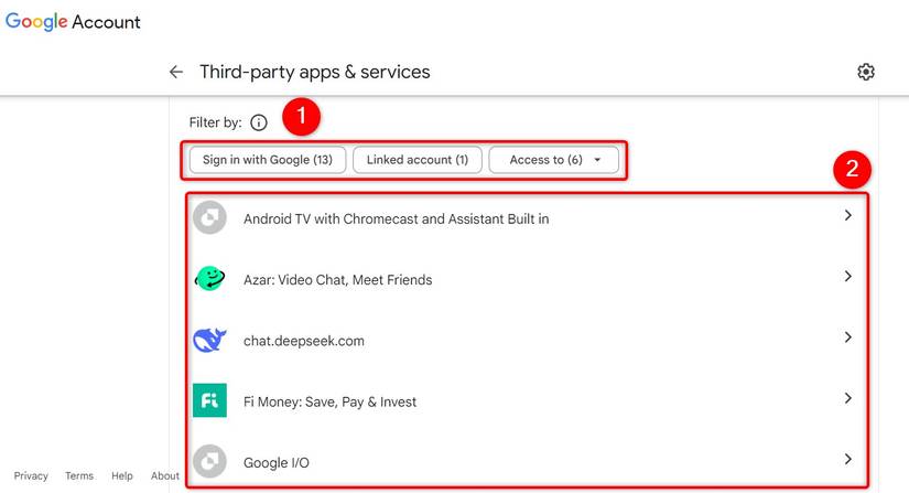 Список приложений и сервисов, подключённых к аккаунту Google.