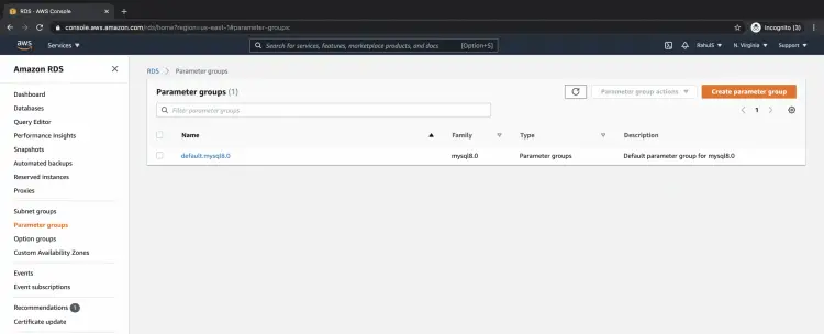Кнопка создания новой группы параметров в консоли RDS