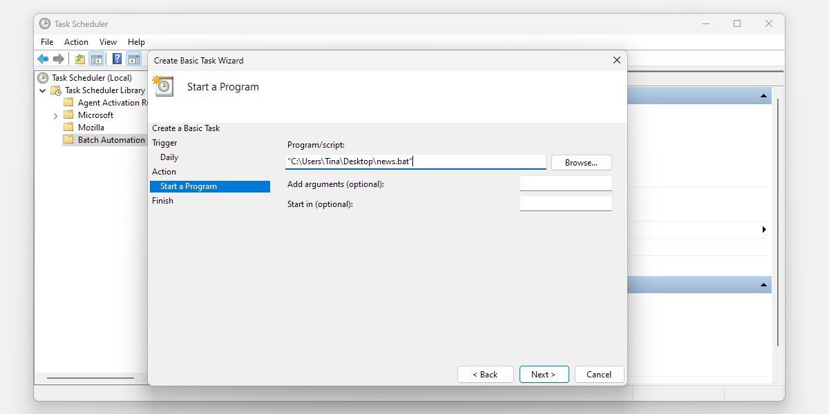 Планировщик задач Windows с настроенной задачей для BAT-файла