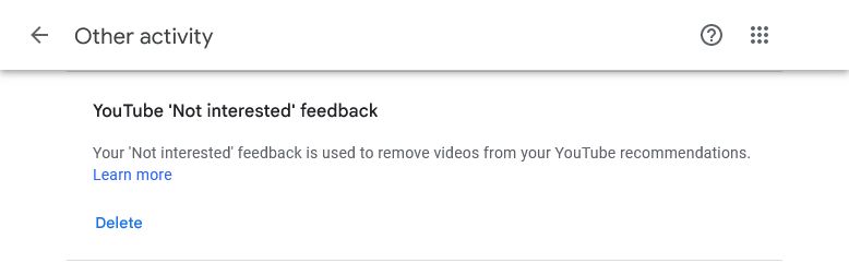 Страница «Другое действие» в Google — отзыв «Неинтересно» для YouTube