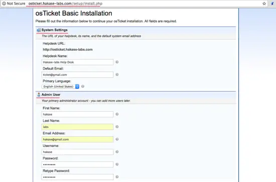 Pagina di configurazione iniziale di osTicket