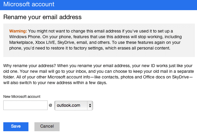 Опция переименования адреса в настройках Microsoft/Outlook