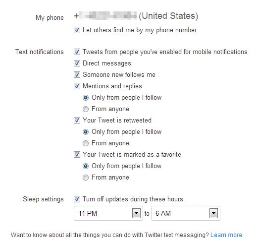 Уведомления Twitter по SMS