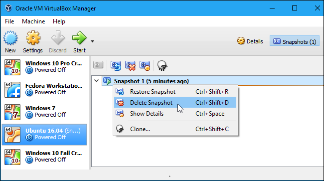 Окно Snapshots в VirtualBox с несколькими снимками