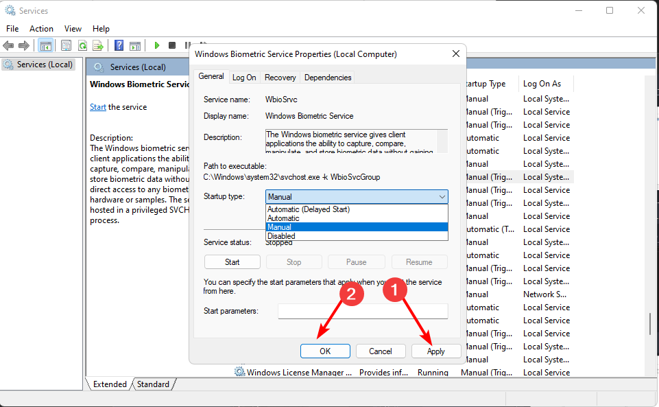Кнопки Применить и ОК в свойствах службы