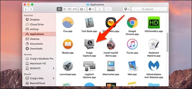 Окно Image Capture в macOS