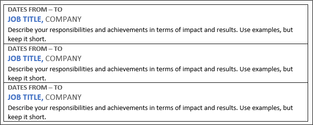 Пример оформления опыта работы в резюме