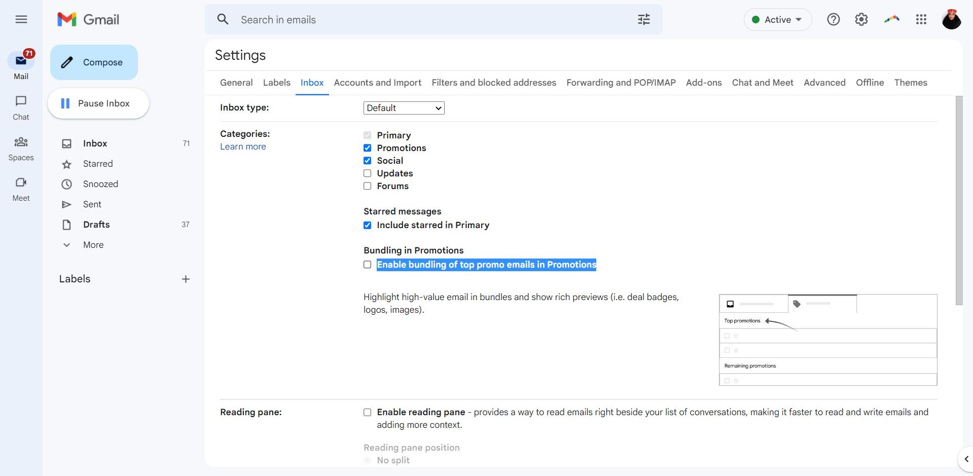 Опция отключения Top Picks в настройках Gmail