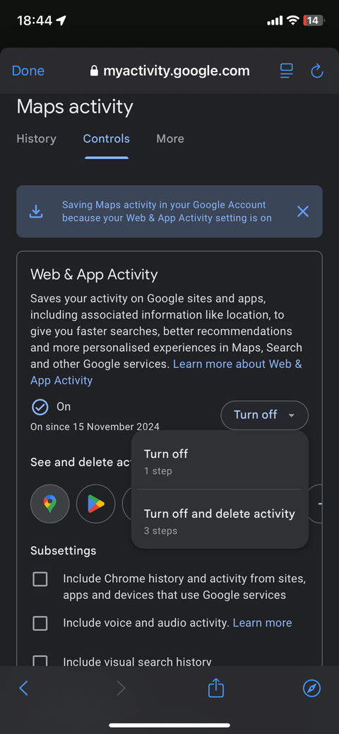 Опция «Отключить и удалить активность» для Google Maps