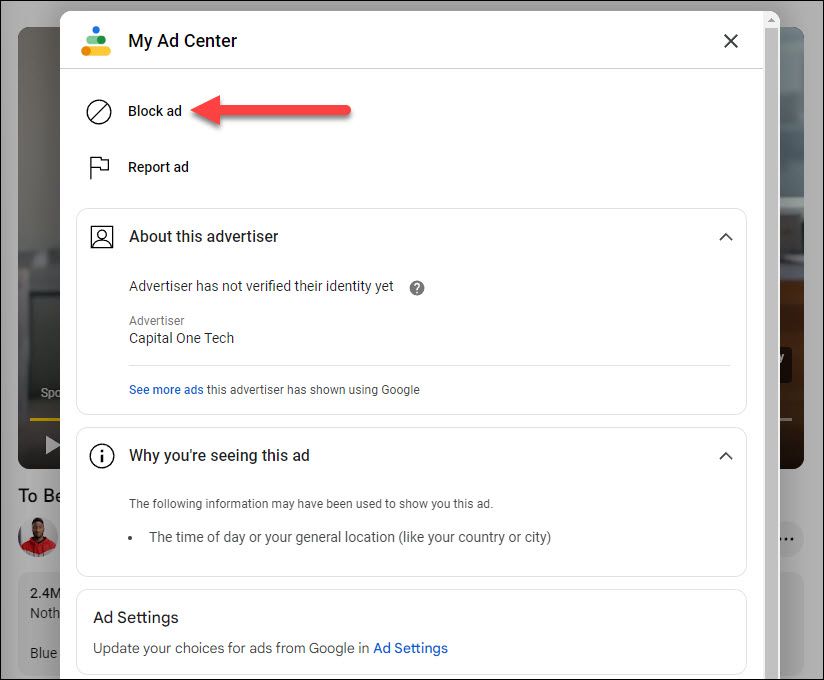 Окно «My Ad Center» с описанием рекламодателя на видео YouTube
