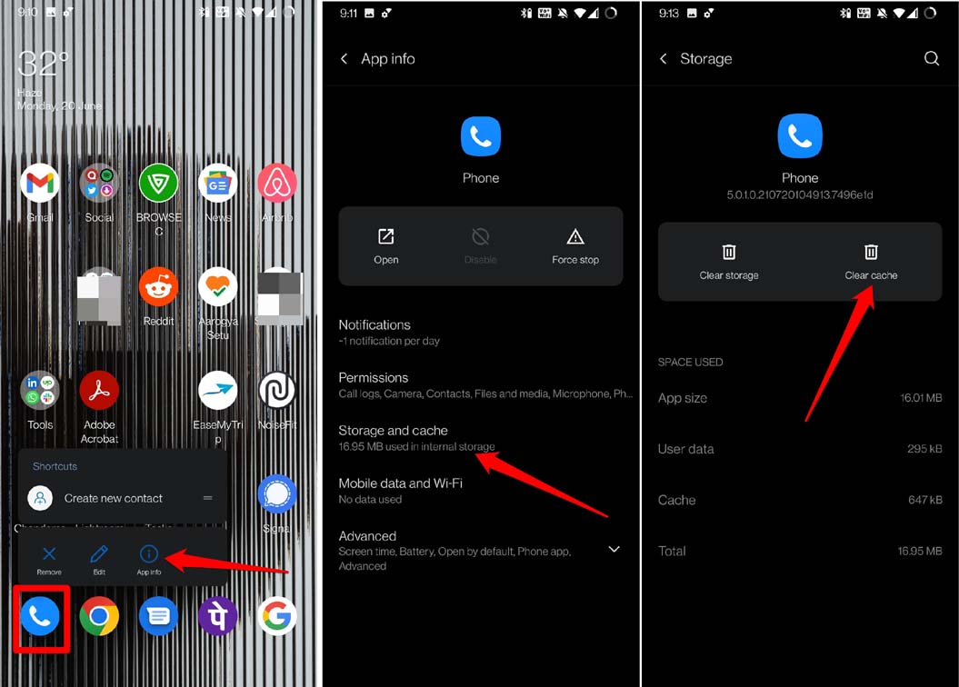 Очистка кэша приложения Телефон