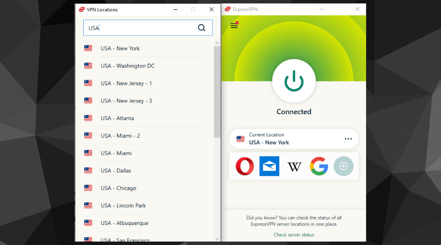 Интерфейс ExpressVPN — выбор серверов США