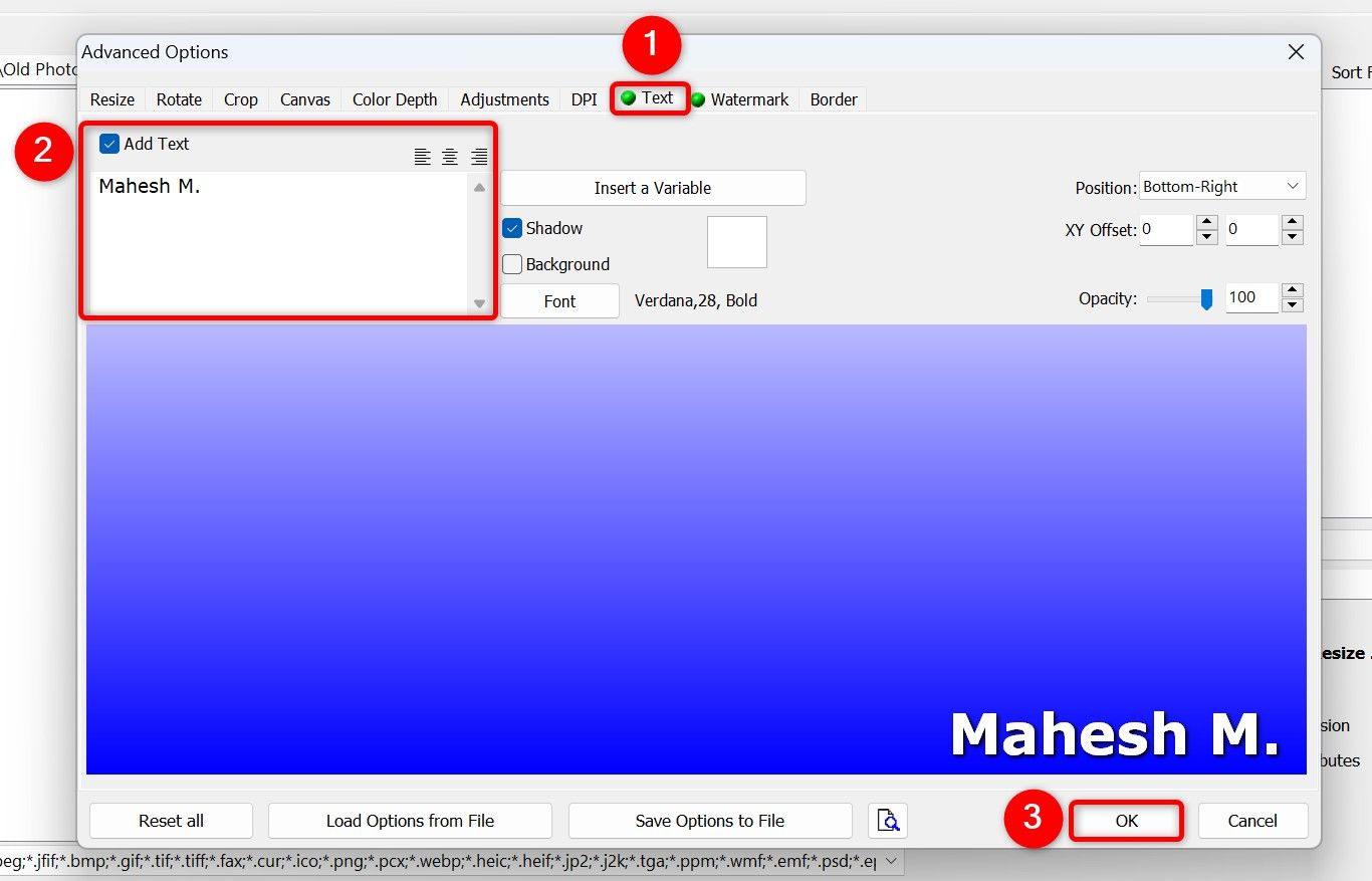 'Text,' a text box, and 'OK' highlighted on the 'Advanced Options' window.