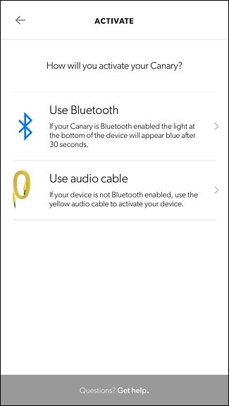 Экран выбора способа активации: Bluetooth или аудиокабель