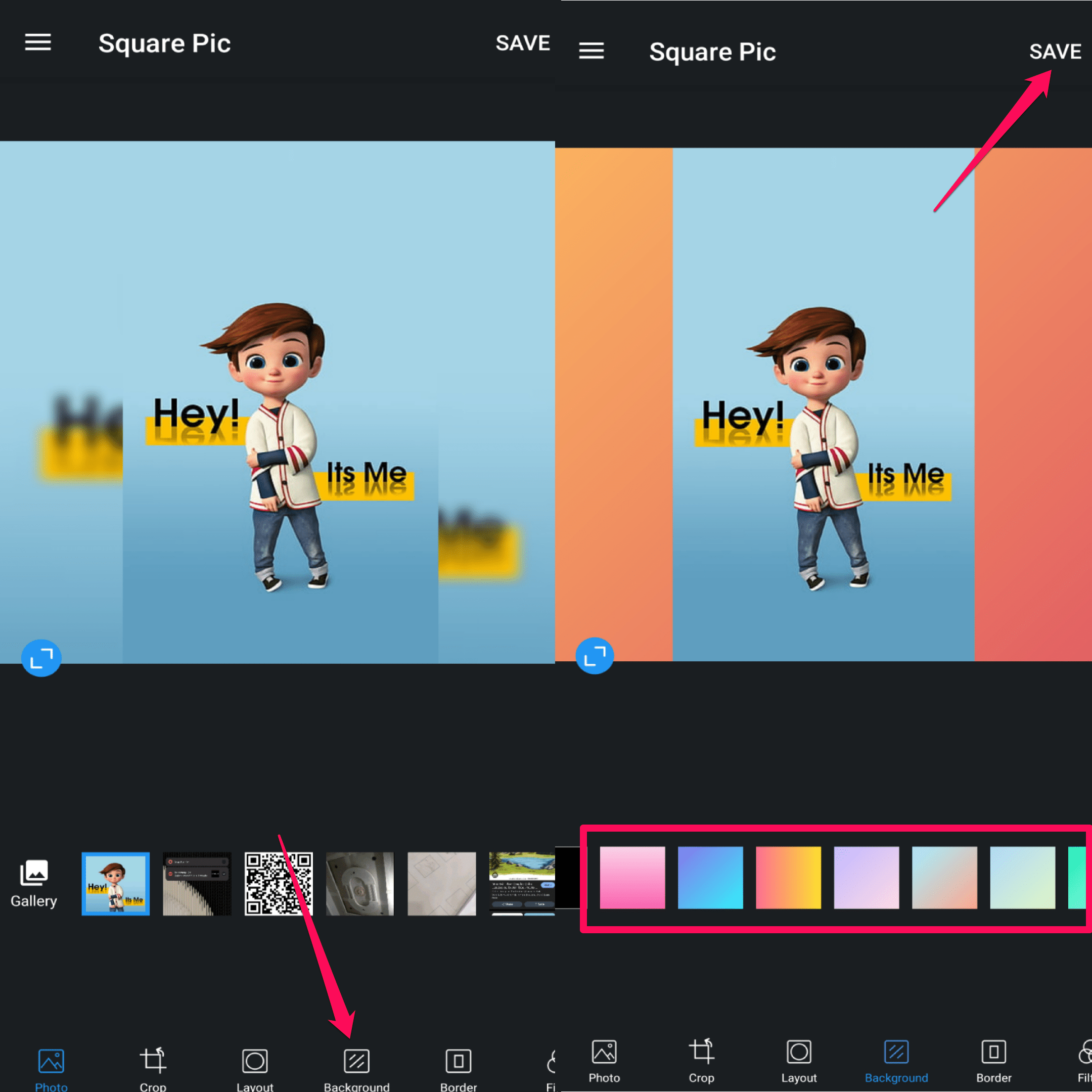 Редактирование изображения в Square Pic: добавление фона и сохранение