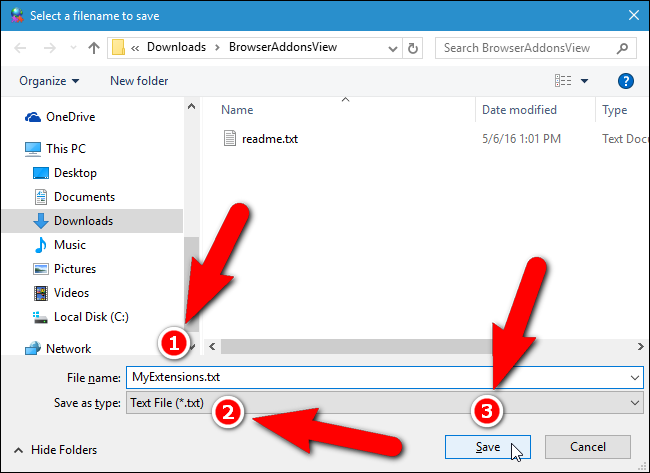 Сохранённый текстовый файл со списком расширений
