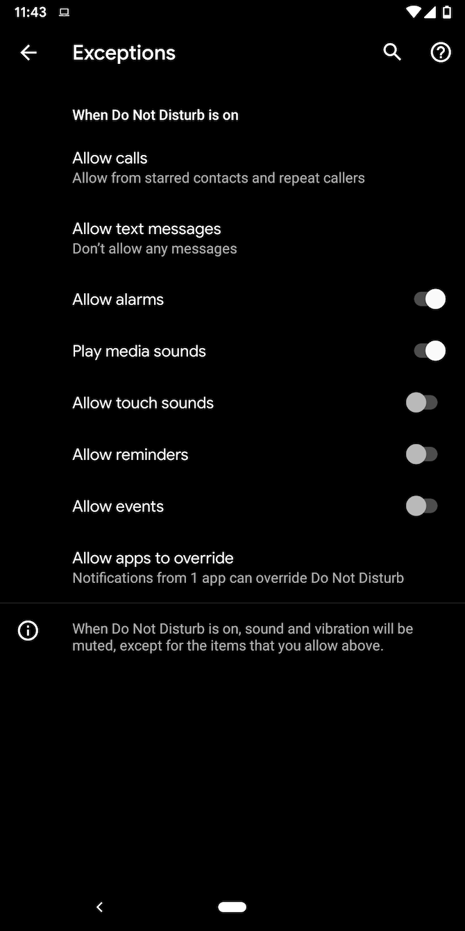 Экран исключений режима «Не беспокоить» на Android