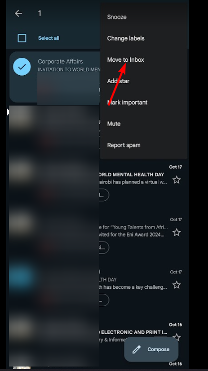 Выбор письма и пункт меню «Переместить во входящие» в мобильном приложении Gmail