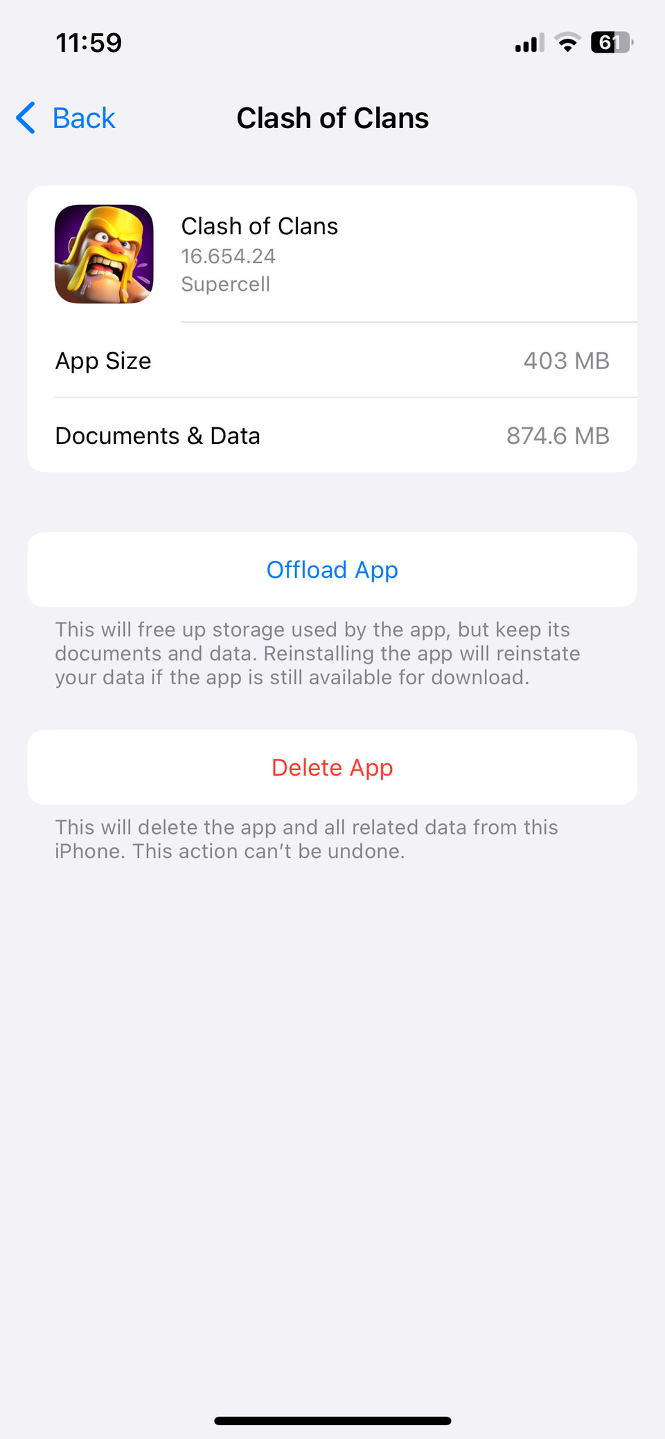 Clash of clans storage status on iPhone