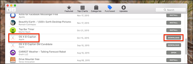 Скриншот списка старых версий macOS в App Store