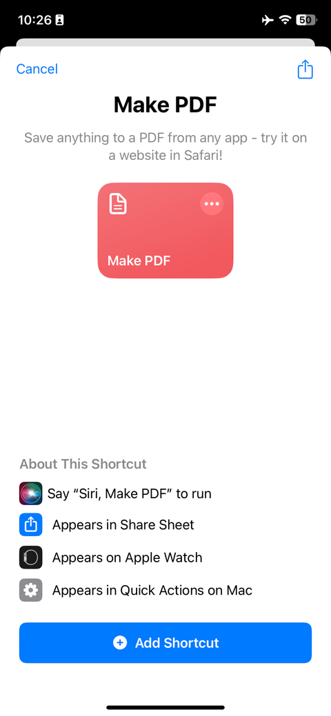 Команда Make PDF в приложении Shortcuts на iOS
