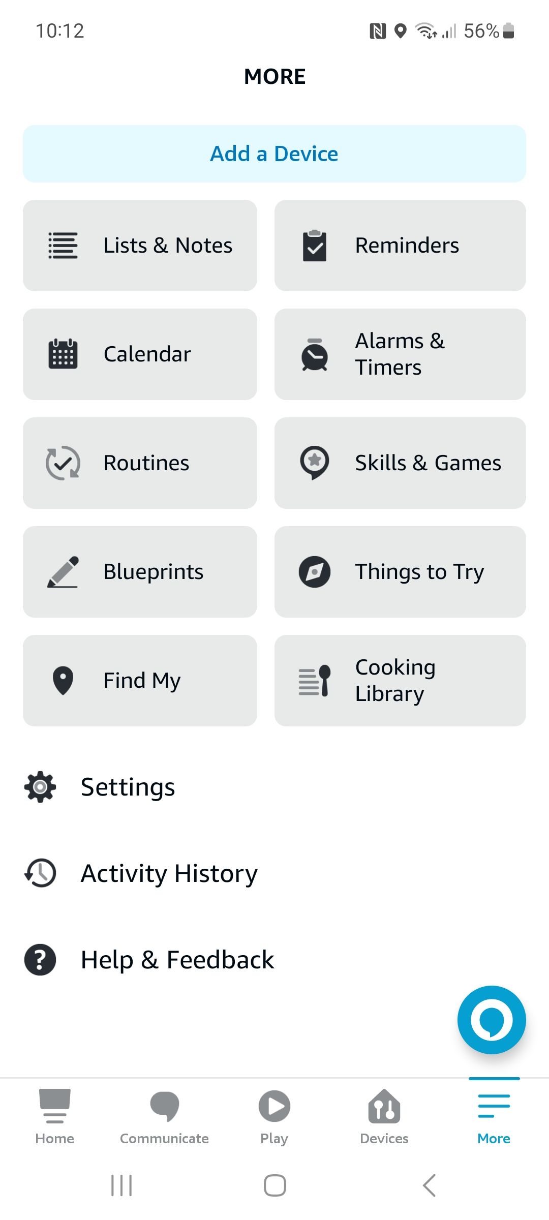 Скриншот меню Ещё в приложении Alexa
