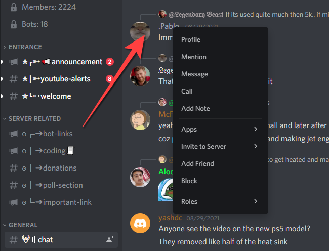 Right-click on the person's profile photo or username you want to block.
