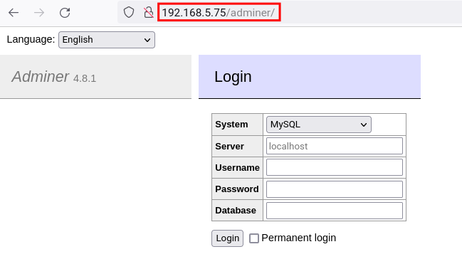 Страница входа Adminer