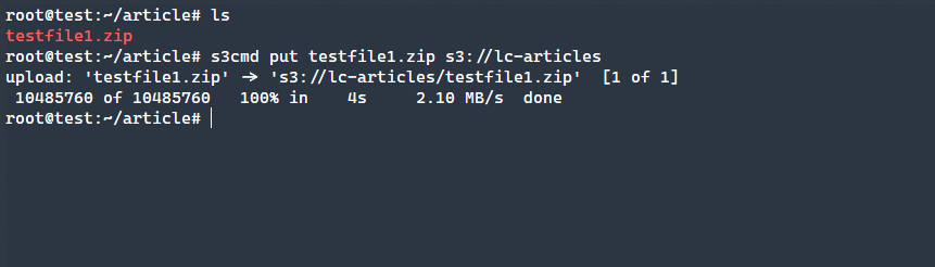 Результат успешной загрузки файла через s3cmd