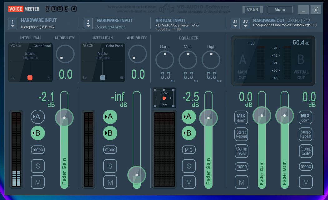 Основное окно Voicemeeter с настройками микширования