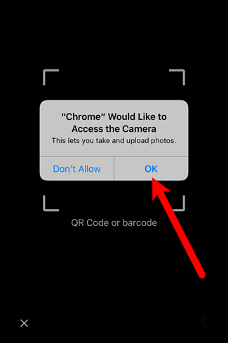 Окно запрашивает доступ Chrome к камере iPhone