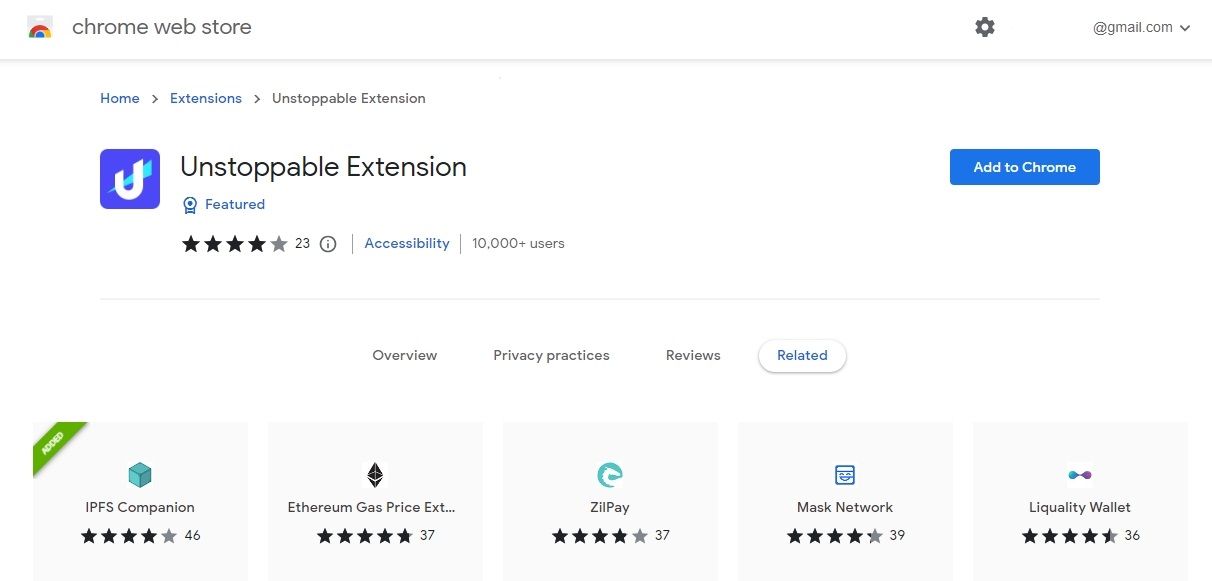 Скриншот добавления расширения Unstoppable в Chrome