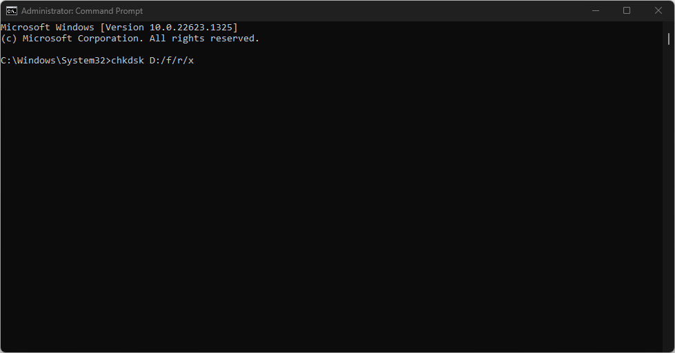 Окно командной строки с примером запуска chkdsk