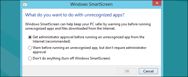 Список параметров Windows SmartScreen в Панели управления Windows 8