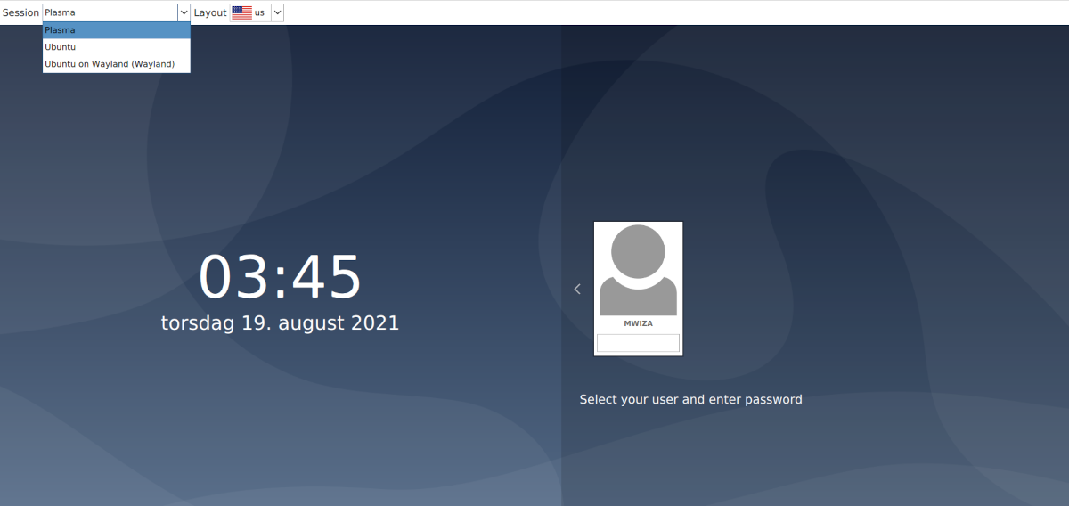 Экран входа KDE с выбором сеанса Plasma