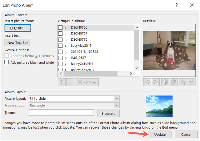 Кнопка Обновить при редактировании альбома