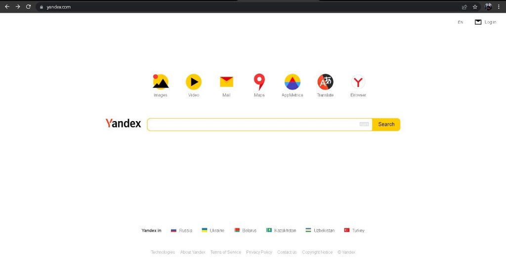 Menu Images de Yandex avec barre de recherche