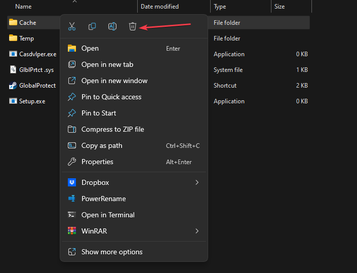 Удаление папки Cache в проводнике