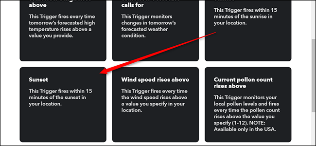 Триггер Sunset в Weather Underground