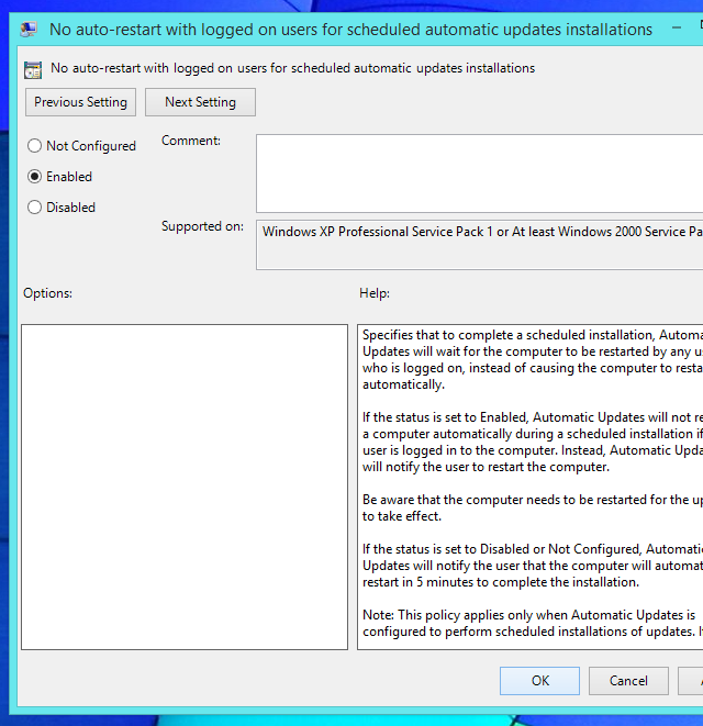 Включение политики 'No auto-restart with logged on users' в gpedit