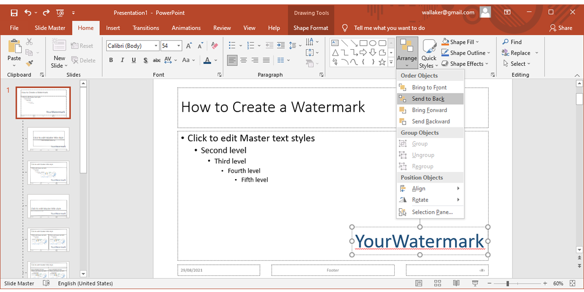 Размещение водяного знака на заднем плане