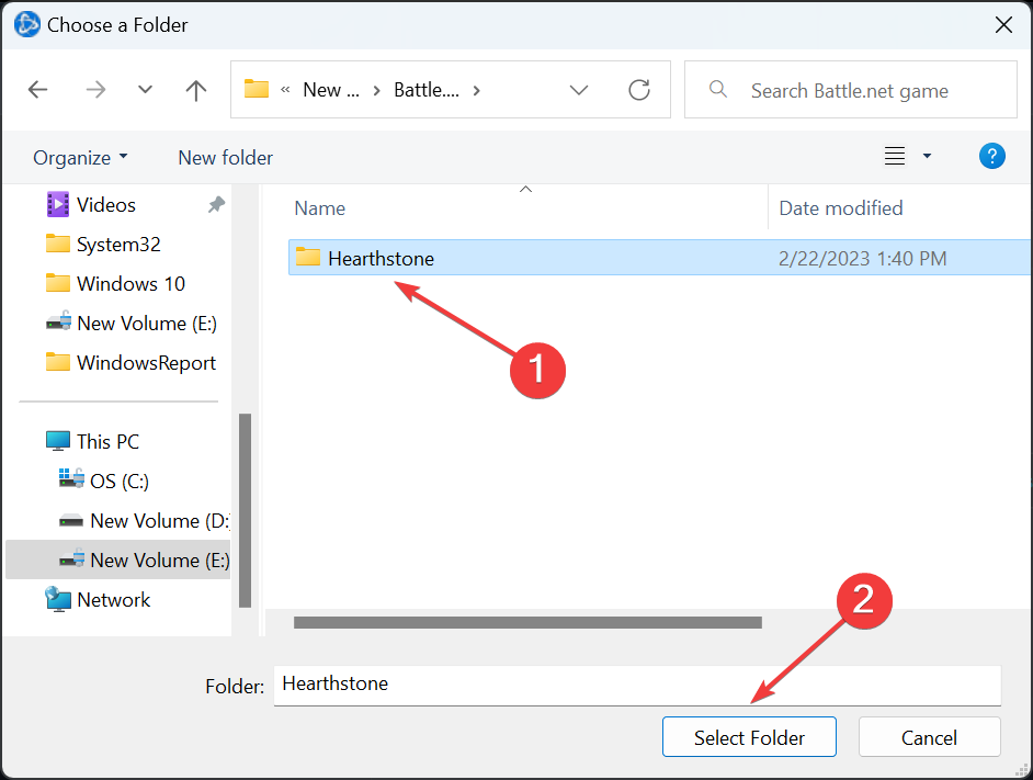 Выбор новой папки в Battle.net