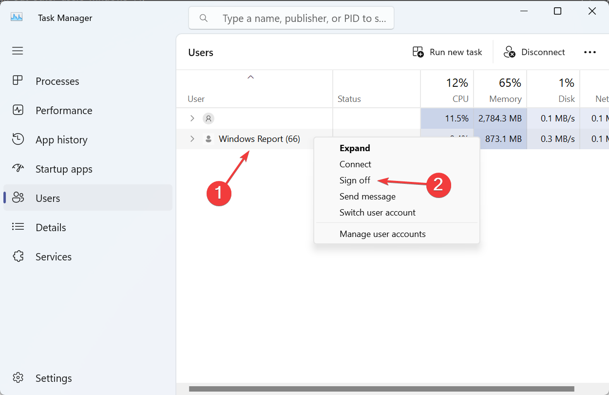 Контекстное меню: пункт «Завершить сеанс» для пользователя