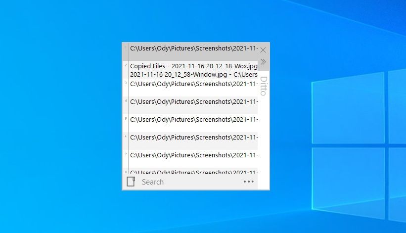 Окно Ditto на рабочем столе Windows 10