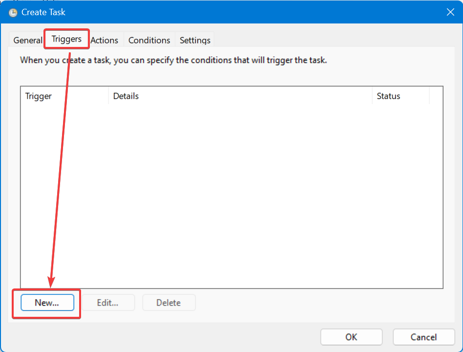 Создание нового триггера в Планировщике заданий