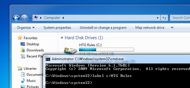Команда label, меняющая метку на диске C