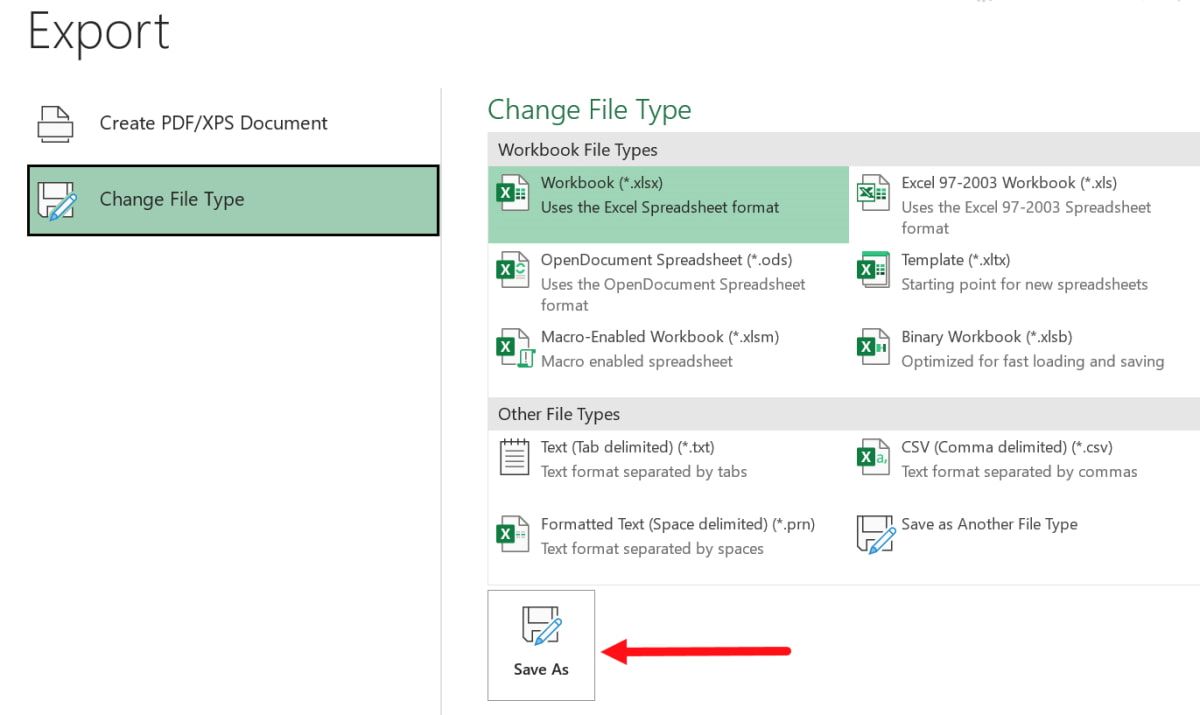 Параметры экспорта в Excel